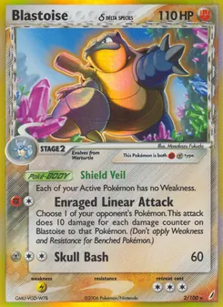 Blastoise δ card from Crystal Guardians, number 2/100