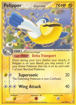 Pelipper δ card from Crystal Guardians, number 26/100