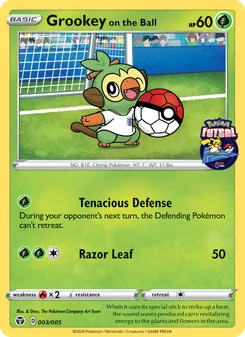 Grookey on the Ball card from Pokémon Futsal 2020, number 3/5
