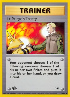 Lt. Surge's Treaty card from Gym Heroes, number 112/132