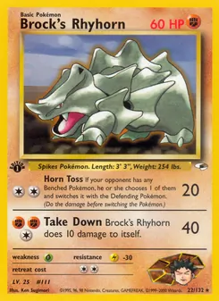 Brock's Rhyhorn card from Gym Heroes, number 22/132