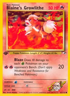 Blaine's Growlithe card from Gym Heroes, number 62/132