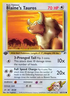 Blaine's Tauros card from Gym Heroes, number 64/132