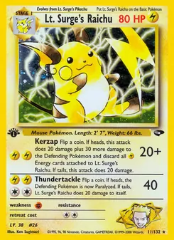 Lt. Surge's Raichu card from Gym Challenge, number 11/132