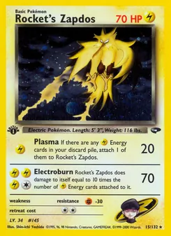 Rocket's Zapdos card from Gym Challenge, number 15/132