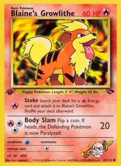 Blaine's Growlithe card from Gym Challenge, number 62/132