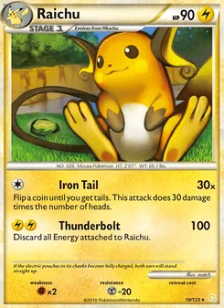 Raichu card from HeartGold SoulSilver, number 10/123