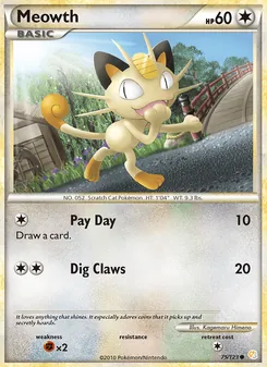 Meowth card from HeartGold SoulSilver, number 75/123