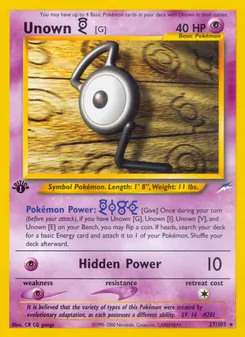 Unown [G] card from Neo Destiny, number 27/105
