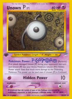 Unown [P] card from Neo Destiny, number 58/105