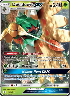 Decidueye GX card from Sun & Moon, number 12/149