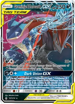 Greninja & Zoroark GX card from Unbroken Bonds, number 107/214
