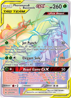 Pheromosa & Buzzwole GX card from Unbroken Bonds, number 215/214