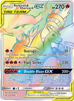 Reshiram & Charizard GX card from Unbroken Bonds, number 217/214