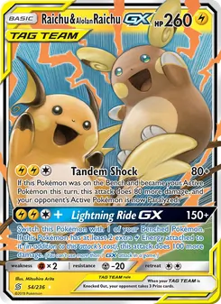 Raichu & Alolan Raichu GX card from Unified Minds, number 54/236