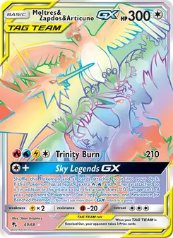 Moltres & Zapdos & Articuno GX card from Hidden Fates, number 69/68