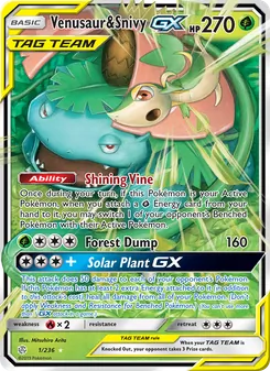 Venusaur & Snivy GX card from Cosmic Eclipse, number 1/236