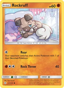 Rockruff card from Cosmic Eclipse, number 123/236