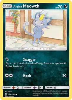 Alolan Meowth card from Cosmic Eclipse, number 128/236