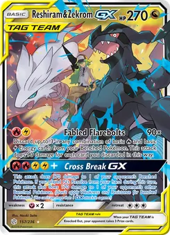 Reshiram & Zekrom GX card from Cosmic Eclipse, number 157/236