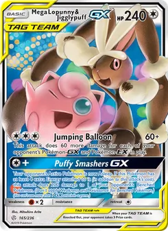 Mega Lopunny & Jigglypuff GX card from Cosmic Eclipse, number 165/236