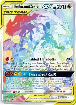 Reshiram & Zekrom GX card from Cosmic Eclipse, number 259/236