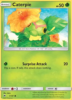 Caterpie card from Burning Shadows, number 1/147