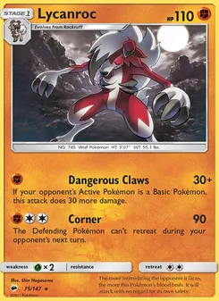 Lycanroc card from Burning Shadows, number 75/147