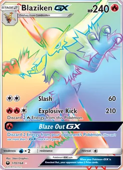 Blaziken GX card from Celestial Storm, number 170/168