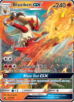 Blaziken GX card from Celestial Storm, number 28/168
