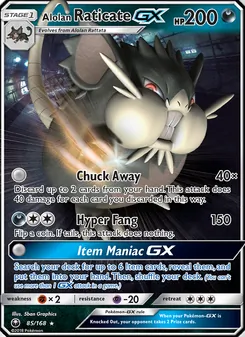 Alolan Raticate GX card from Celestial Storm, number 85/168