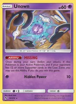 Unown card from Lost Thunder, number 92/214