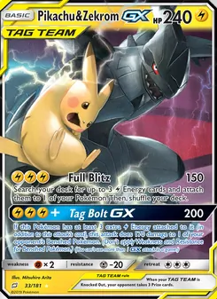 Pikachu & Zekrom GX card from Team Up, number 33/181