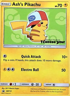 Ash's Pikachu card from SM Black Star Promos, number SM112/248