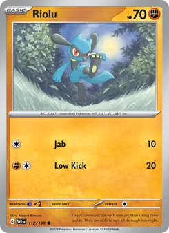 Riolu card from Scarlet & Violet, number 112/198
