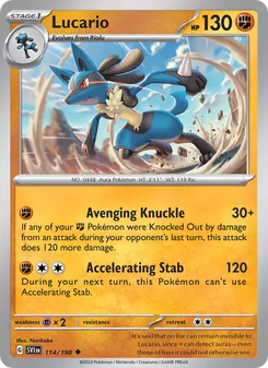 Lucario card from Scarlet & Violet, number 114/198