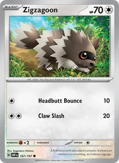 Zigzagoon card from Obsidian Flames, number 167/197