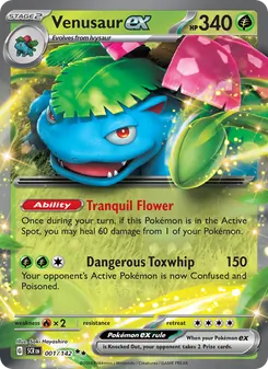Venusaur ex card from Stellar Crown, number 001/142