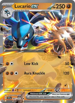 Lucario ex card from Stellar Crown, number 082/142