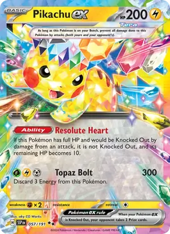 Pikachu ex card from Surging Sparks, number 057/191