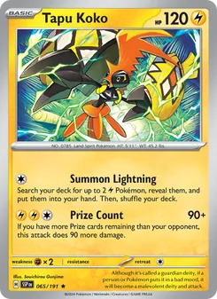 Tapu Koko card from Surging Sparks, number 065/191