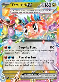 Tatsugiri ex card from Surging Sparks, number 142/191