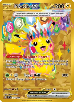 Pikachu ex card from Surging Sparks, number 247/191