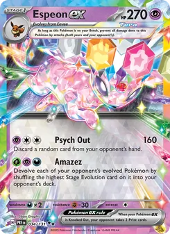 Espeon ex card from Prismatic Evolutions, number 034/131
