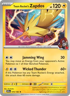 Team Rocket's Zapdos card from Destined Rivals, number 070/182