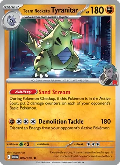 Team Rocket's Tyranitar card from Destined Rivals, number 096/182