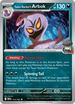 Team Rocket's Arbok card from Destined Rivals, number 113/182