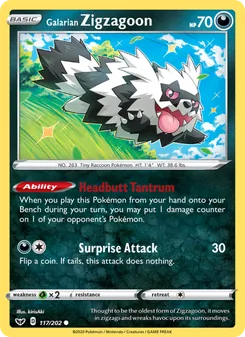 Galarian Zigzagoon card from Sword & Shield, number 117/202