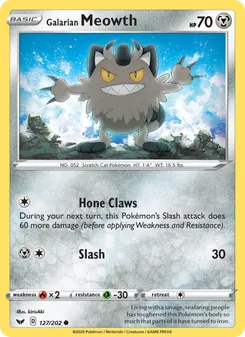 Galarian Meowth card from Sword & Shield, number 127/202