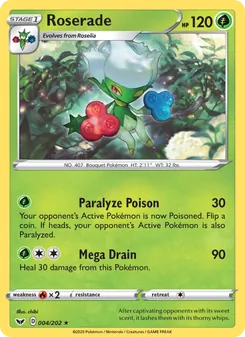 Roserade card from Sword & Shield, number 4/202